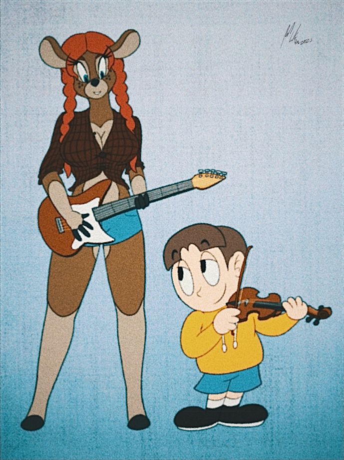 A deer woman and a human kid playing guitar and violin together. 
Both are my OCs, and their names are Destiny and Angus