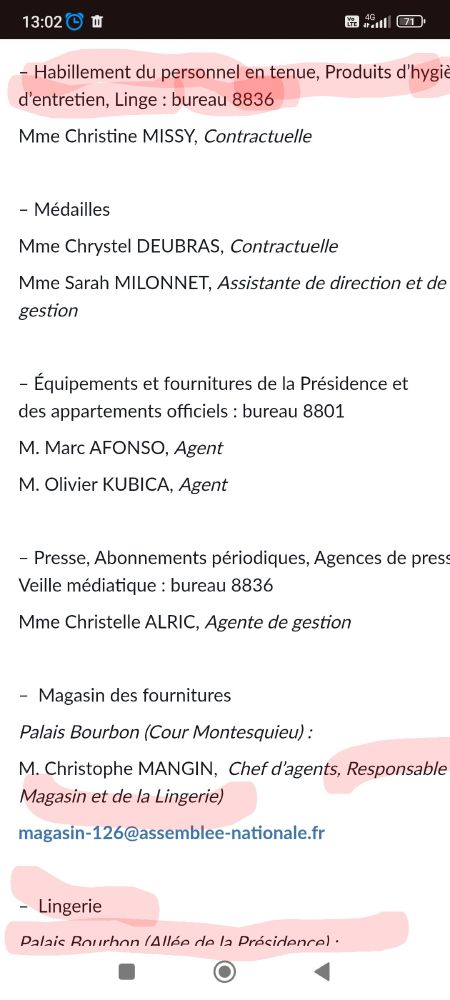 Screenshot de l'annuaire de l'assemblée ou j"ai surligné ce qui serait utile sur ce sujet :  Le fait qu'il y ait une lingerie, le fait qu'il y ait un responsable de magasin et lingerie et une contractuelle chargée de l'habillement du personnel en tenue des produits d"hygiène et du linge. 