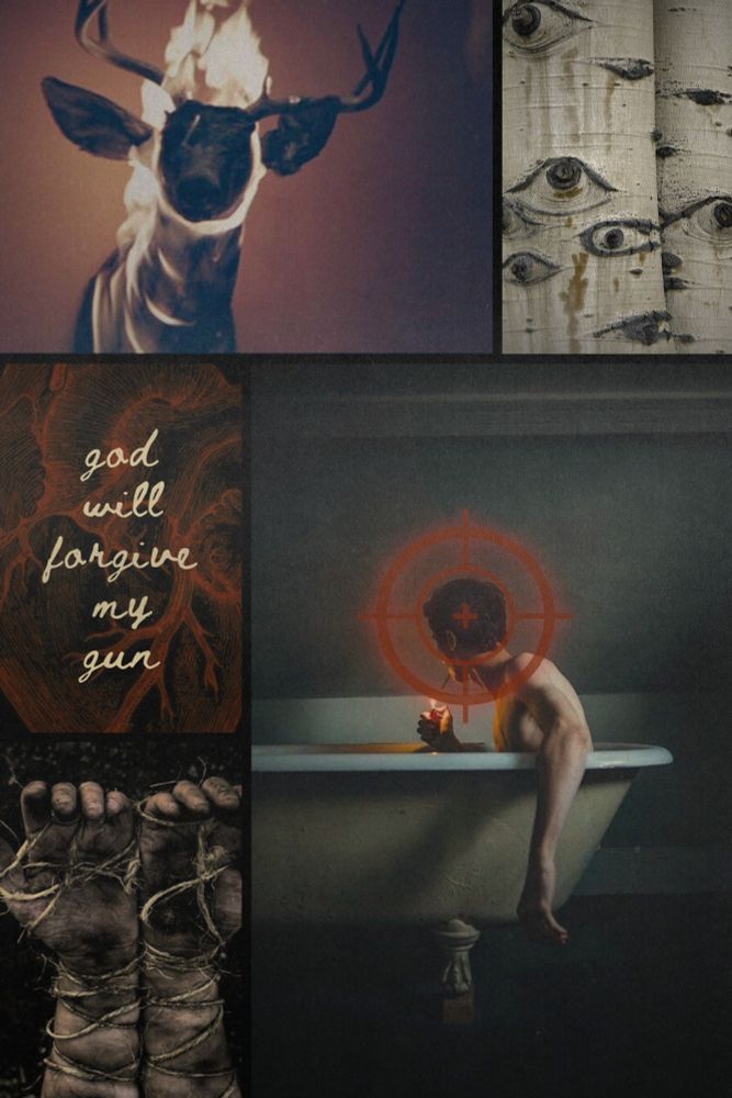 A dark themed moodboard with 5 images:

A taxidermy deerhead on fire, a close up of Aspen tree trunks, a drawing of an anatomical heart with the words "God will forgive my gun" superimposed over it in a light text and handwritten cursive font, two hands palm up side by side and covered in dort and bound in twine, and the main image is a white man sitting in a bathtub, with one hand hanging over the side and the other holding a lit lighter to his mouth, where there's a cigarette. His face is turned away. Superimposed over his head is a gun scope. 