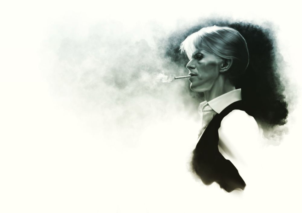 Portrait of David Bowie in black and white smoking 