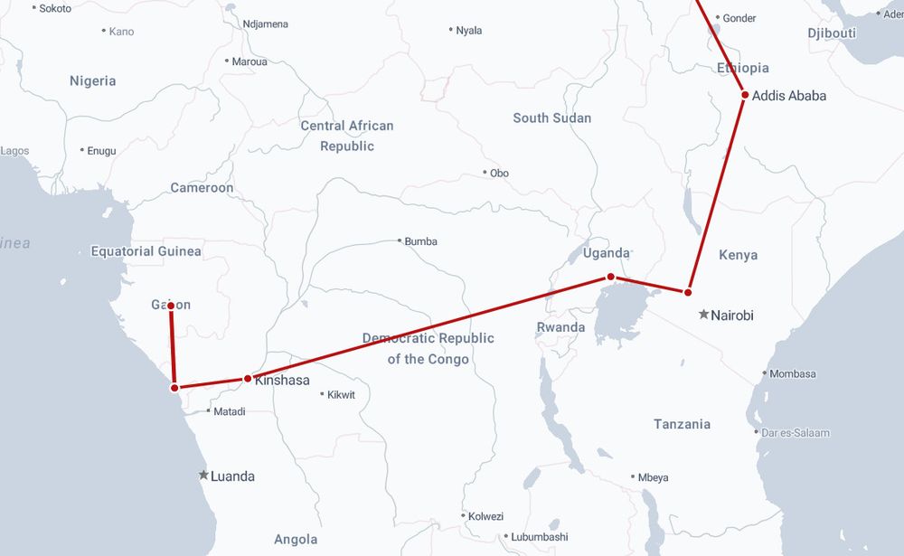 A map showing the progress of my round the world reading challenge, a red line weaving through Ethiopia, Kenya, Uganda, DRC, the Congo and Gabon