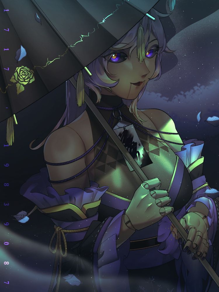 Kalei's VTuber persona, Ameris.  She's holding an umbrella under a dark and spooky green light, looking right at the viewer under it.