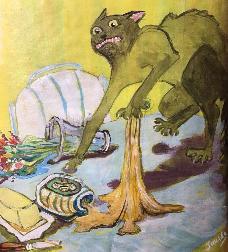 A watercolor line art illustration of that darn cat getting on the table top, knocking over your flowers from Traderjoe's with the water spilling over the table, and the cat then knocking over the honey on his way to the butter dish and getting his paws in the sticky goodness. LIFE WITH PETS.