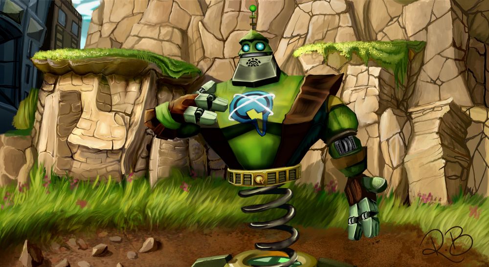 An illustration of a Qwark Bot from the Ratchet and Clank series standing in Metropolis, in a stylized saturated style. 