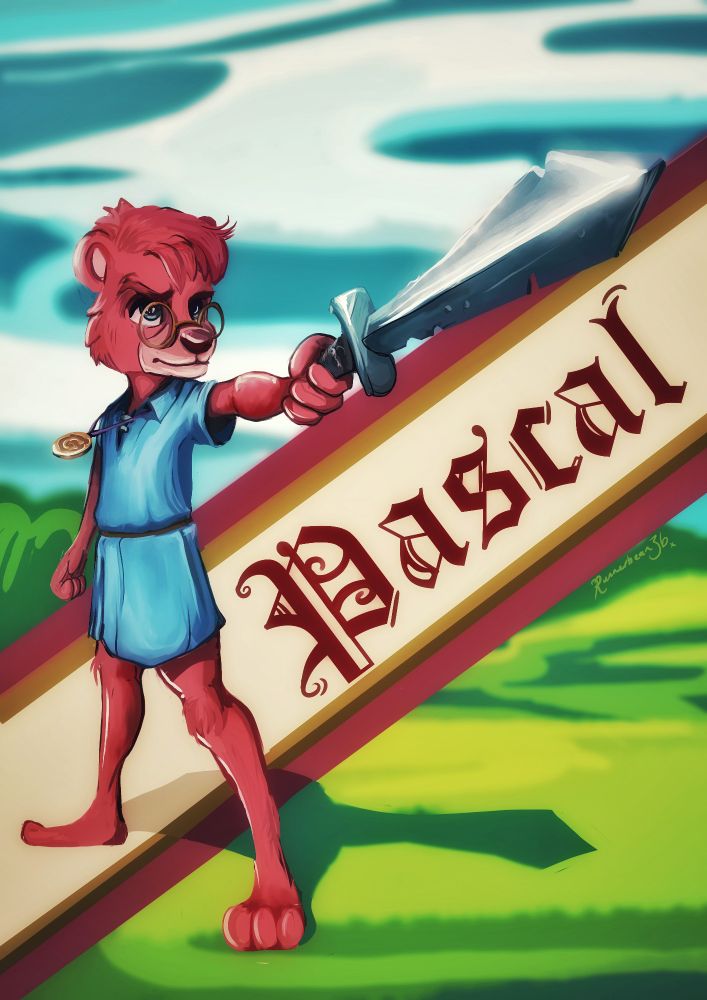 Pink/red bear wearing a light blue tunic and holding up a sword (inspired by the adventures of the gummi bears). Text reads 'Pascal' 
