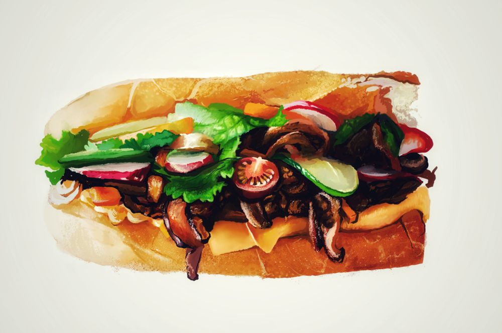 A digital painting of a fried mushroom Bahn Mi featuring radishes, lettuce, a cherry tomato, cucumbers, cheese and carrots on white baguette bread. 