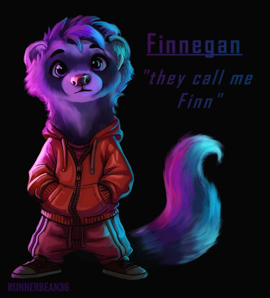 A cyberpunk-inspired ferret with an orange/red tracksuit/hoodie. Pink and blue neon lights are reflected in the ferret's fur. Text reads 'Finnegan (underlined), "they call me Finn"'. 