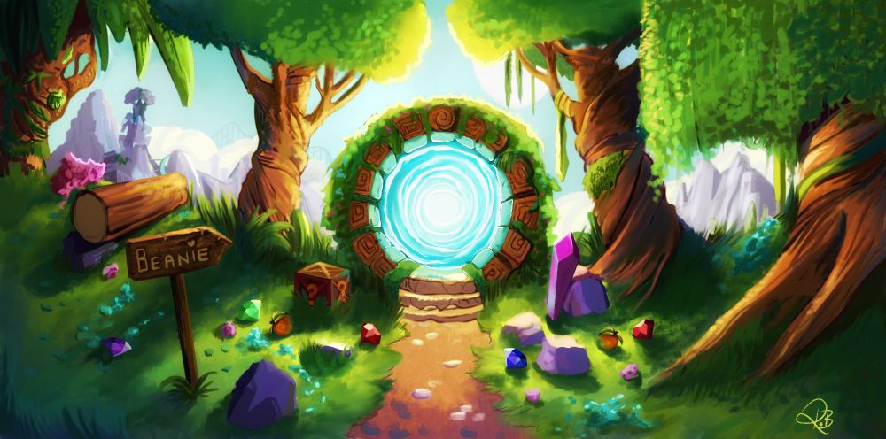 A coloured sketch of a magical, round, brown limestone portal in a vibrant, green forest with twisting trees and foliage. Features a crate, the purple gem and wumpa from Crash B, and gems from Spyro. Sign points to "Beanie", which is me!! 
