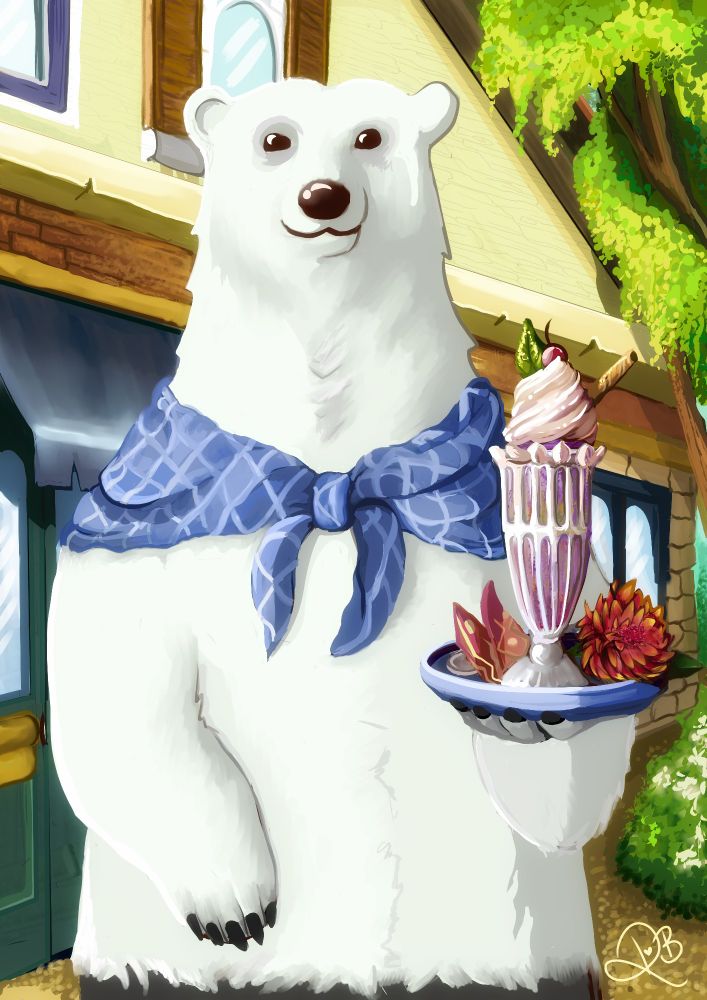 Polar Bear from Shirokuma Café (Polar Bear Café) holding a Purple Ube parfait with whipped cream on a tray, also containing a chrysanthemum and napkin. Background is of the café. 