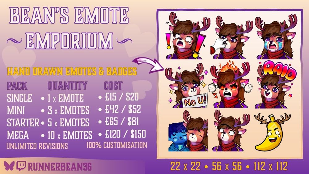 Bean's emote emporium - a collection of emotes including spooked, boop, cry, no U, rage, raid, hugs, ed from ed edd and Eddie, nanner! 