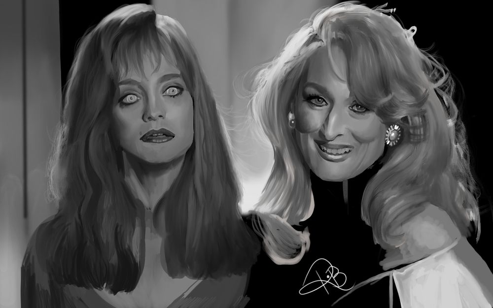 A sketch of Meryl Streep and Goldie Hawn as Madeline Ashton and Helen Sharp in the 1992 movie "Death Becomes Her".