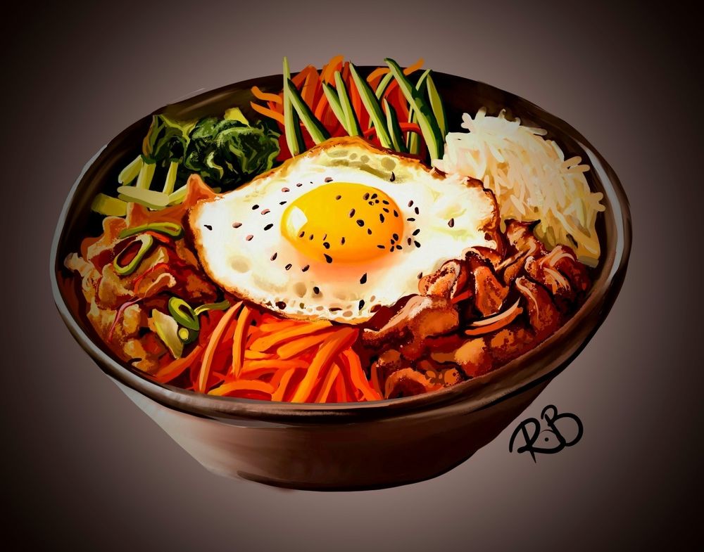 Digital painting of Korean rice bowl dish bibimbap topped with a large fried egg. 