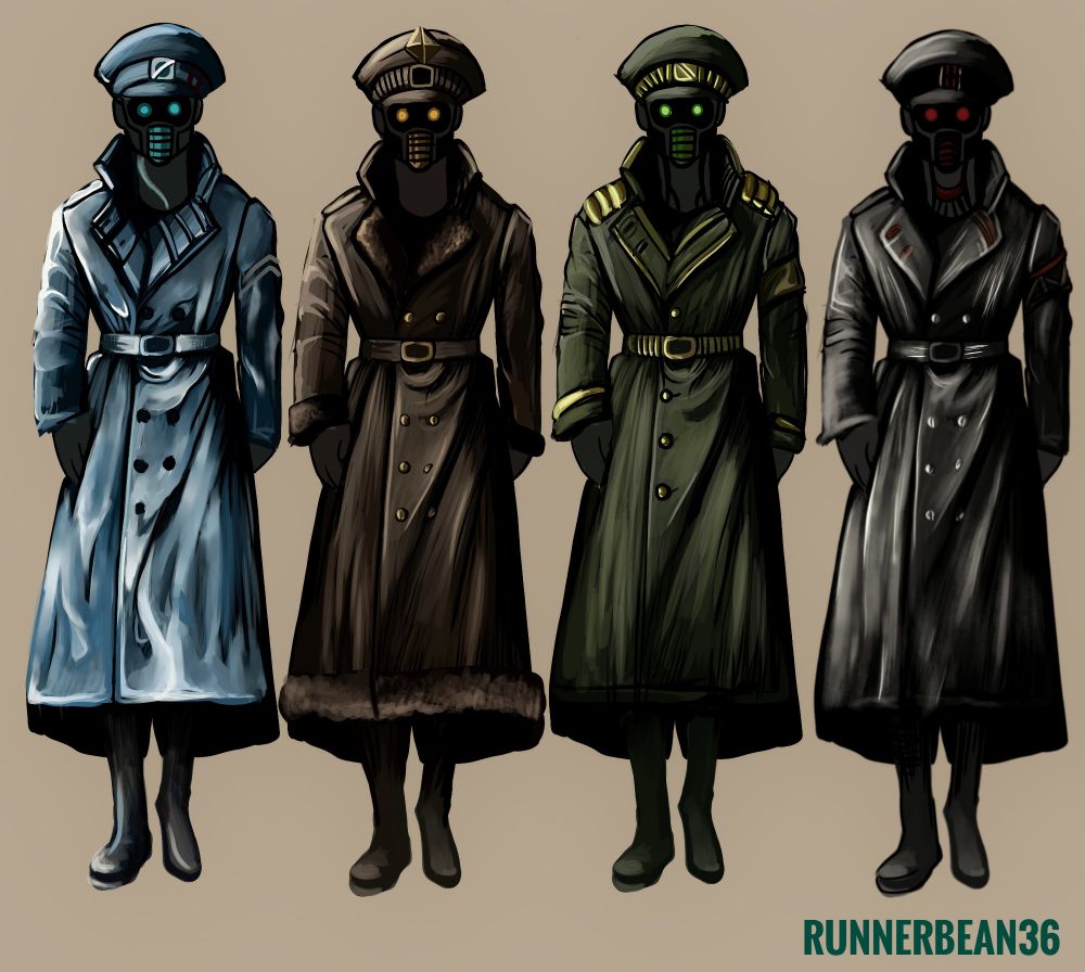 Four cyborgs wearing military trench coats, each made of different fabrics.  