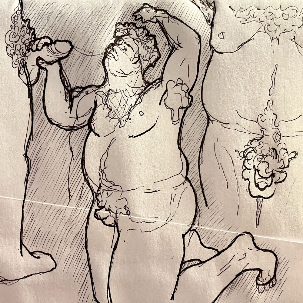 Rough doodle on back of envelope: sketchy / poorly drawn vignette of a hirsute figure servicing another partial figure, as he comes up for air, looking into the eyes of the other. His fingers wrapped around the partial figure’s erect uncut penis and a string of either precum, saliva, or both spanning between his lips and its tip. His left arm delicately lifted up in the air, exposing his armpit.