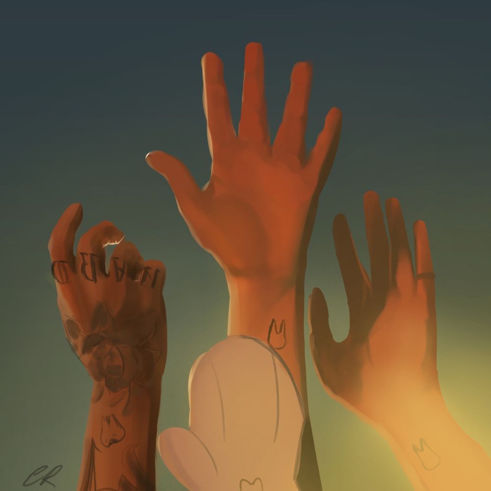 Drawing of the album cover for 'The Record' by boygenius. 4 hands reach the air. 3 human hands and a cartoon bunny hand, signifying that the person that heard felt brought along the musical journey. 