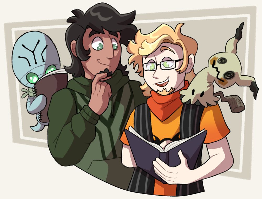 Two men stand together, looking over the same boat. One is explaining something while the other listens politely. Joshua's Elgyem and Ace's Mimikyu are also listening in 