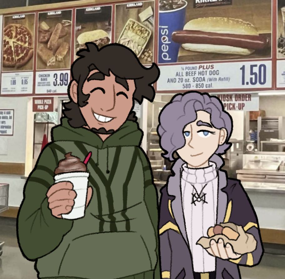 A drawing of my two ocs, Benjamin and Joshua over a photo of the costco food count. Benjamin is holding a hot dog and Joshua has some ice cream
