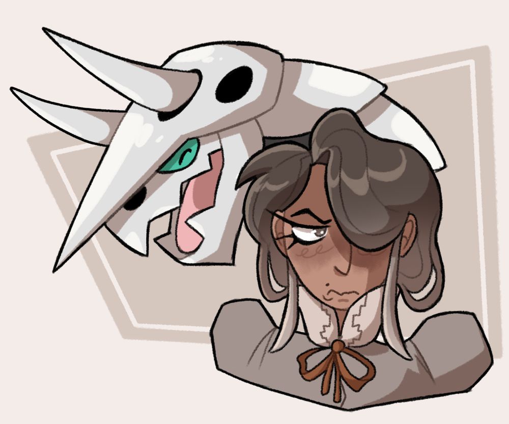 A very flustered looking woman with her Aggron laughing behind her. She has a fancy outfit with her hair tucked in the collar