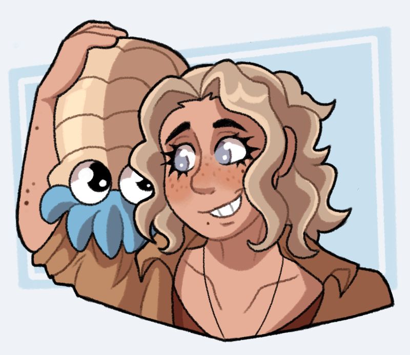 A women is holding up her omanyte on her shoulder, smiling at him. The omanyte is looking at her as well