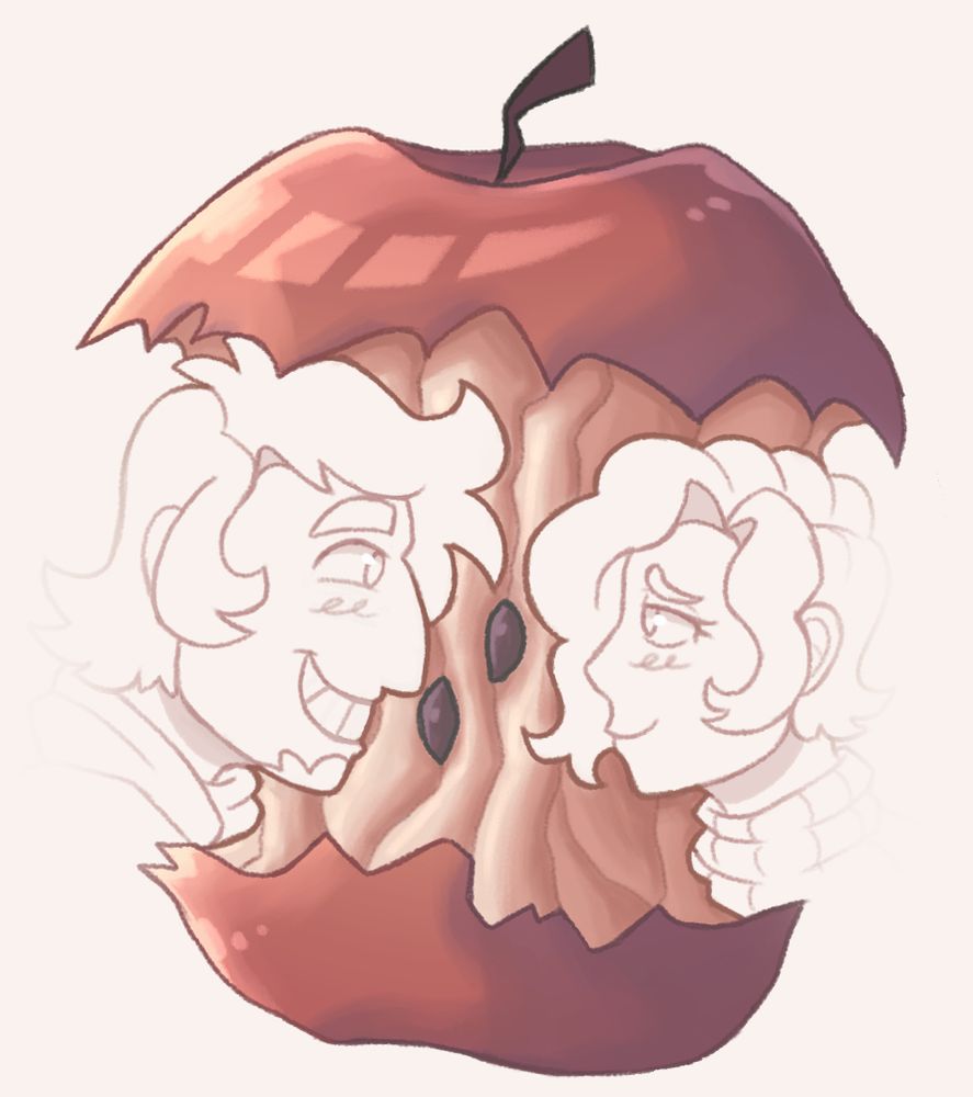 A drawing of an apple with "bites" out of each side. The bites are actually side view drawings of my two ocs looking lovingly at each other 