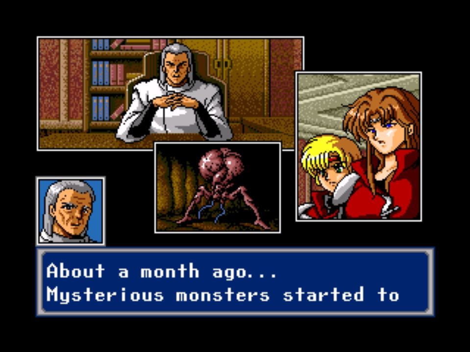 Cutscene with various panels depicting characters and monsters overlaid with the text "about a week ago... Mysterious monsters started to"