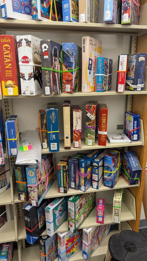 A library shelf of board games including Catan, Wolves, Tsuro, Junk Orbit, Forbidden Island, Dragon Farkle, Skull