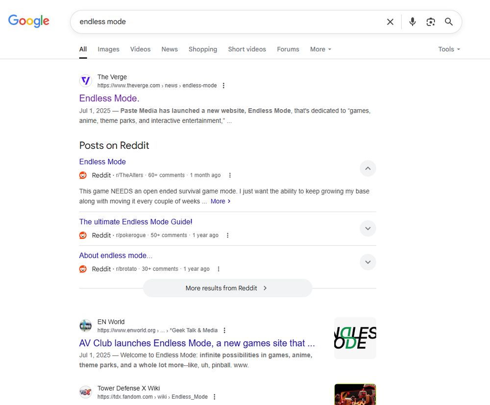 Screenshot of google results for 'Endless mode'. The top result is a story from The Verge about Endless Mode, below that is Reddit posts, a story from EN World and video game wikis.