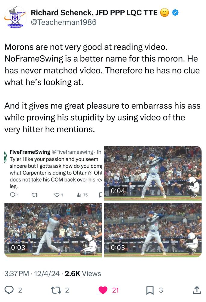 Richard schenck, hitting coach to aaron judge and other mlb players, calls out some twitter account with 139 followers. The highlight is the line “And it gives me great pleasure to embarrass his ass”