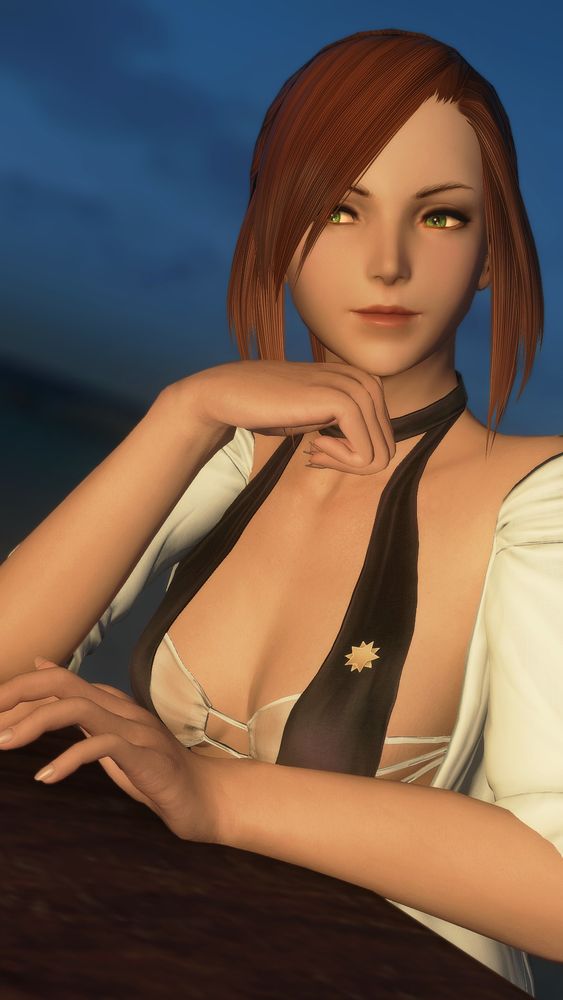 Red haired, green eyed hyur sitting at a bar on the beach, under the candle light, enjoying the atmosphere of the night.