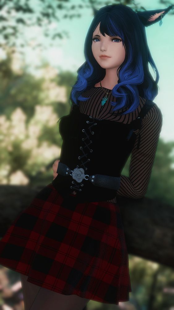 A blue haired miqo'te in an plaid skirt and mesh top, leaning on a log fence under a tree.