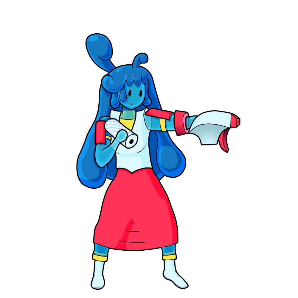 It's a Slimegirl based on Windex. She's blue and translucent, of course. In her right hand, she has a paper towel roll. Her left hand is an arm-cannon type thing but based on the spray nozzle from the bottle. Her outfit in general has a red and white theme with some yellow accents. Her hair looks like a big ol piece of gummy candy, with various curls and drips. She's vaguely super hero-ish. I like to think she is a vigilante cleaner, washing windows and old video game case plastics wherever she goes.
Unfortunately since I cancelled my photoshop subscription, I won't be able to open or edit the .psd again, but I still got it. I've got clip studio paint now, but I don't know if I've uploaded any art made in it yet...