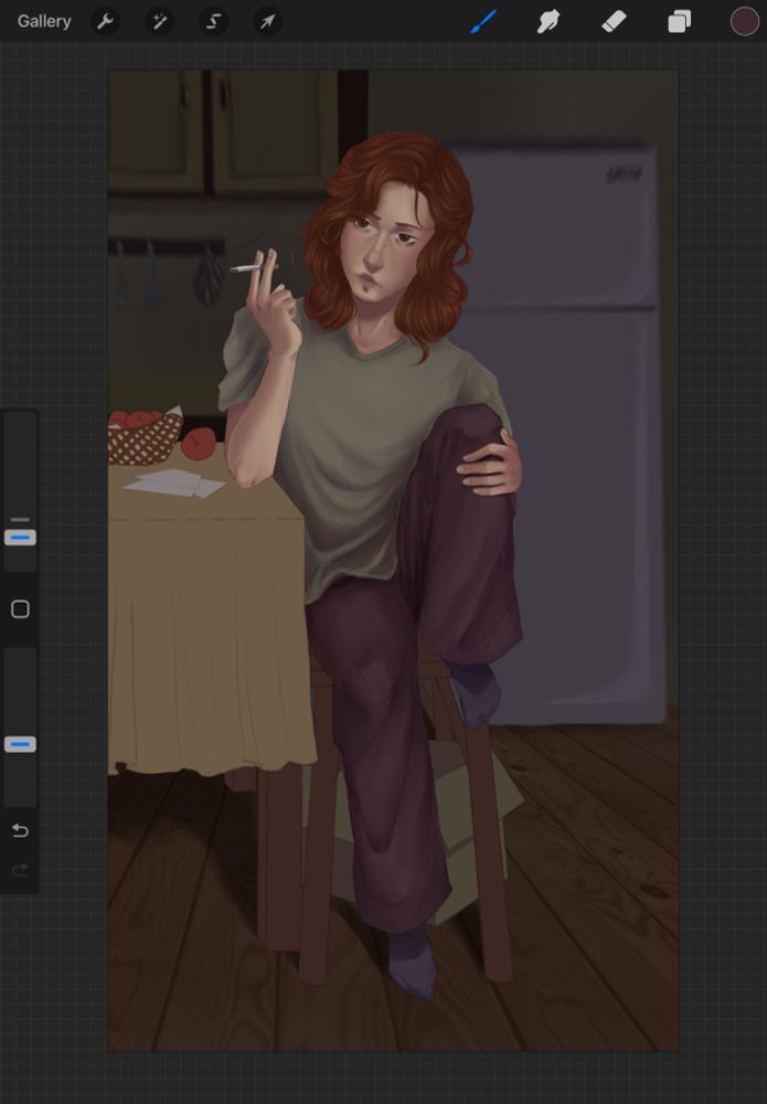 Unfinished drawing of a tired girl sitting in the kitchen with a cigarette in her hand