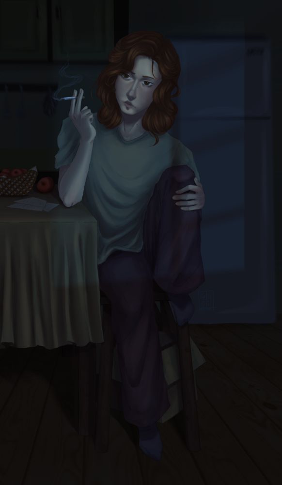 Digital drawing of a tired girl sitting with a cigarette in the kitchen at night