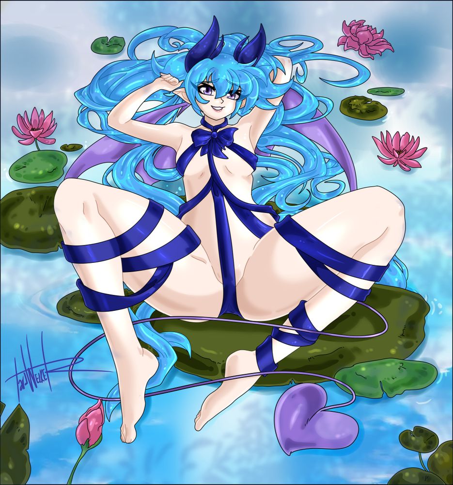 Teodora on waterlilies covered in ribbons.
