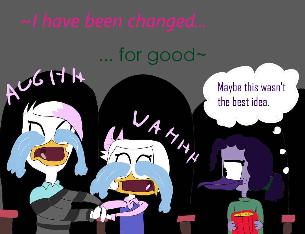 Lena Sabrewing and Webby Vanderquack from Ducktales 2017 are crying their eyes out in a movie theater, holding onto each other. Above them are the lyrics to "For Good" from Wicked. To their side, Violet Sabrewing holding a bucket of popcorn thinks "Maybe this wasn't the best idea."