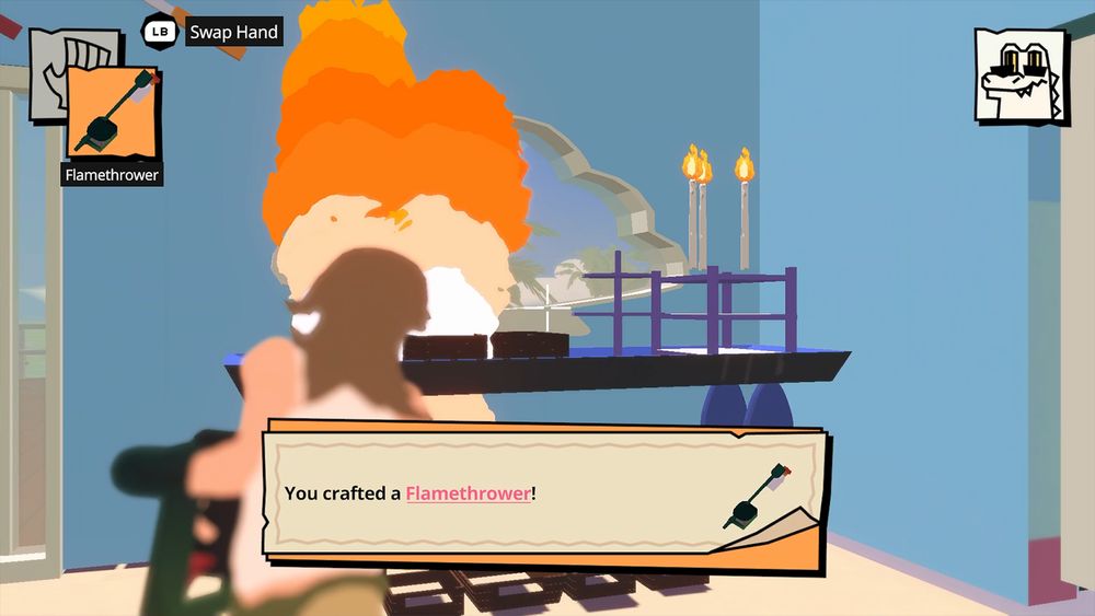 A screenshot from Floridale Man: The Joy of Chaos. Floridale Man uses a flamethrower to set a table in the gift shop on fire. A prompt on screen reads: "You crafted a Flamethrower!"