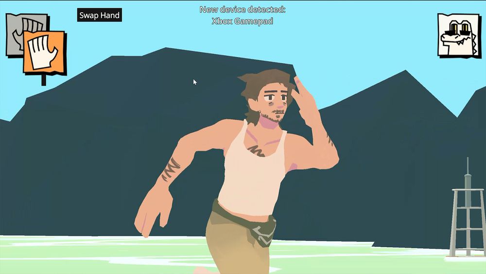 A screenshot from Floridale Man: The Joy of Chaos featuring Floridale Man running across a beach with his hair gently blowing in the wind.