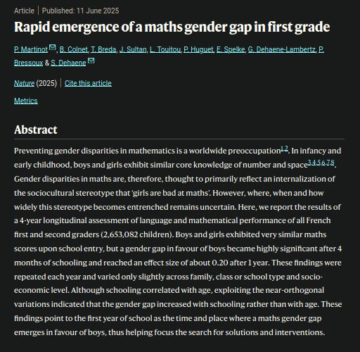 Preventing gender disparities in mathematics is a worldwide preoccupation1,2. In infancy and early childhood, boys and girls exhibit similar core knowledge of number and space3,4,5,6,7,8. Gender disparities in maths are, therefore, thought to primarily reflect an internalization of the sociocultural stereotype that ‘girls are bad at maths’. However, where, when and how widely this stereotype becomes entrenched remains uncertain. Here, we report the results of a 4-year longitudinal assessment of language and mathematical performance of all French first and second graders (2,653,082 children). Boys and girls exhibited very similar maths scores upon school entry, but a gender gap in favour of boys became highly significant after 4 months of schooling and reached an effect size of about 0.20 after 1 year. These findings were repeated each year and varied only slightly across family, class or school type and socio-economic level. Although schooling correlated with age, exploiting the near-orthogonal variations indicated that the gender gap increased with schooling rather than with age. These findings point to the first year of school as the time and place where a maths gender gap emerges in favour of boys, thus helping focus the search for solutions and interventions.