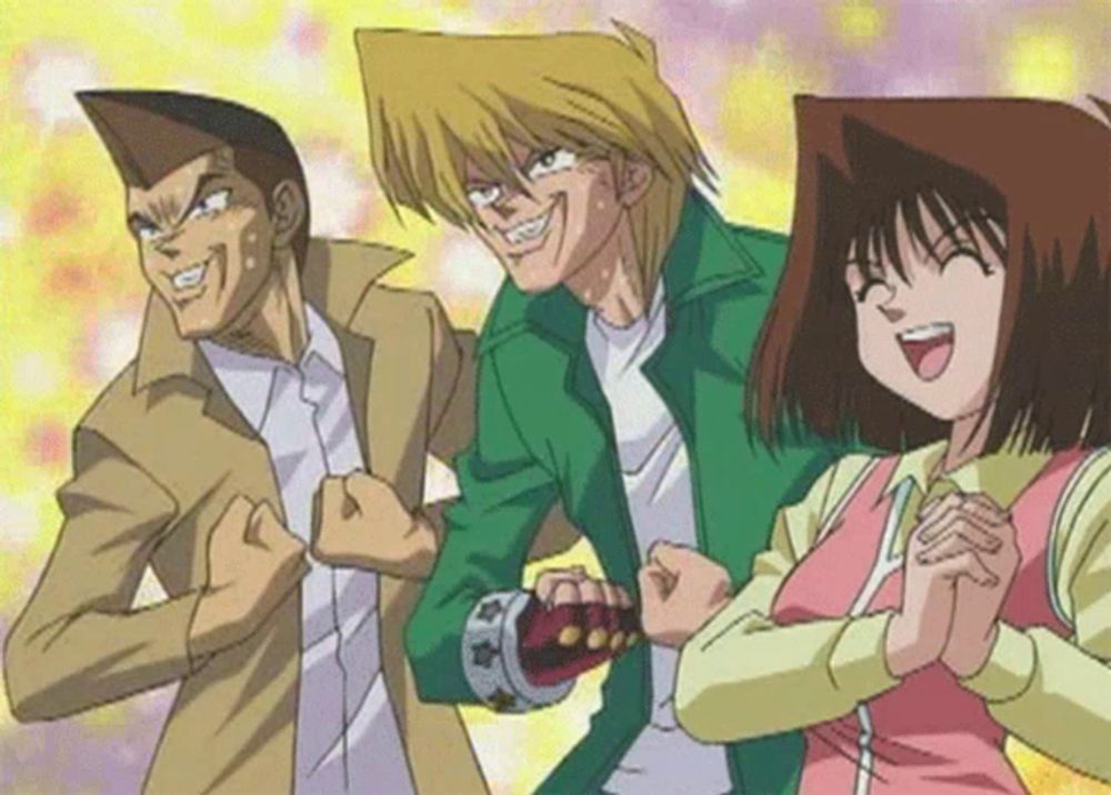 three anime characters are posing for a picture and one of them is wearing a green jacket