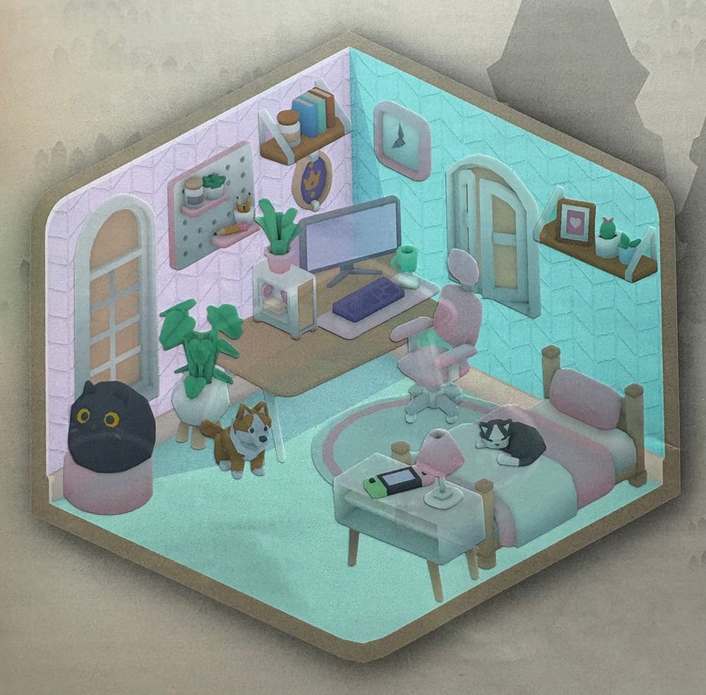 A printed, blank room from Patch Magazine, with sticker images of furniture pasted over it to create an image of a decorated bedroom, in colours of blue and pink, with a bed, a desk, a computer, windows and shelves.