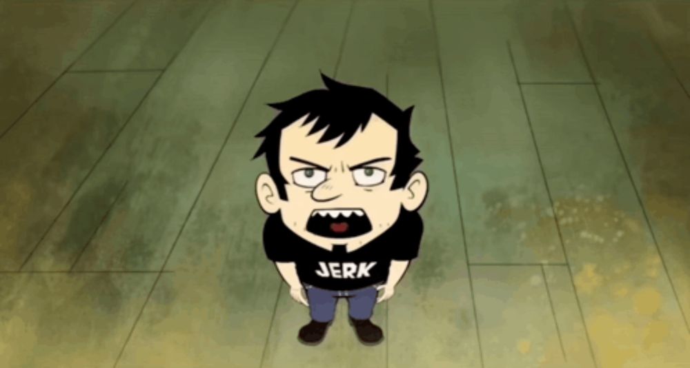 a cartoon character is wearing a shirt that says jerk on it