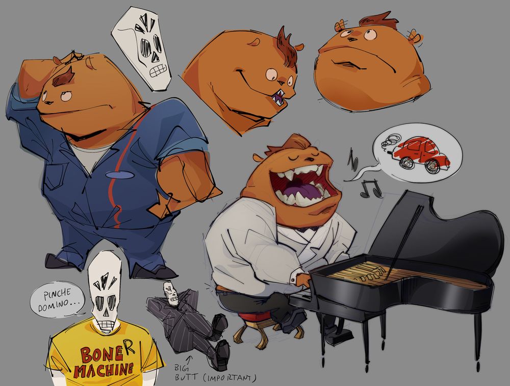 a variety of grim fandango sketches. one of glottis standing scratching his head, one of him playing a too-small-for-him piano, and two headshots: one of him pogging and one of him looking upwards with his ears twitching.

there are also three drawings of manuel calavera. one of just his head, one of him lounging with special focus drawn to his big butt, and one with him wearing a shirt that says "BONE MACHINE", except defaced by domino by sharpie-ing an R at the end of BONE. manny has a text bubble that says "pinche domino".