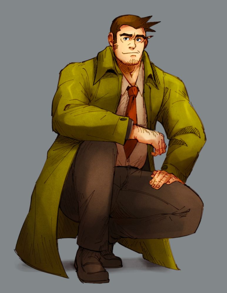 drawing of detective gumshoe kneeling, with one leg propping up his right arm. his hand is on his left thigh.