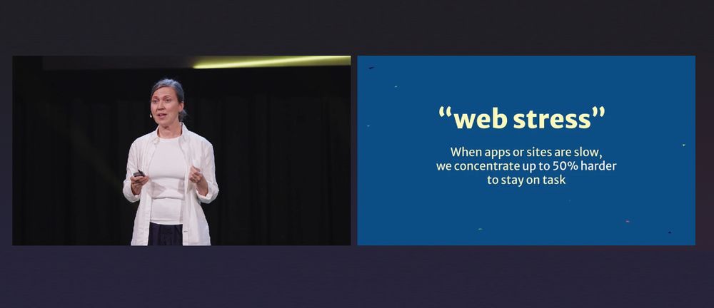 Split-screen image of me, Tammy Everts, a white woman with brown hair, standing on stage at the WebExpo Conference in Prague, with a slide from my talk alongside. The slide reads: "Web Stress: When apps or sites are slow, we concentrate up to 50% harder to stay on task."