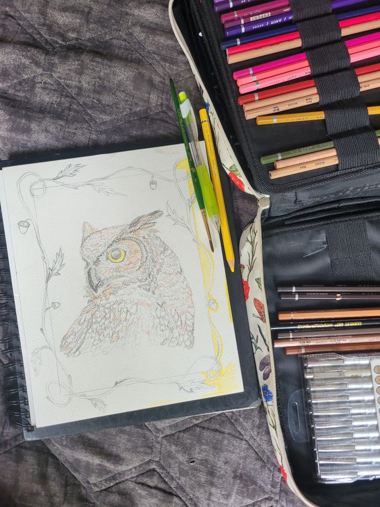 A work in progress painting of an owl with watercolor pencils laying next to it on a grey bed.