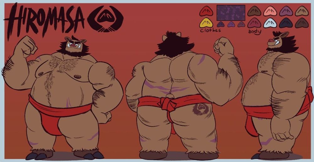 A boar sumo wrestler's reference sheet. He has a red mawashi.