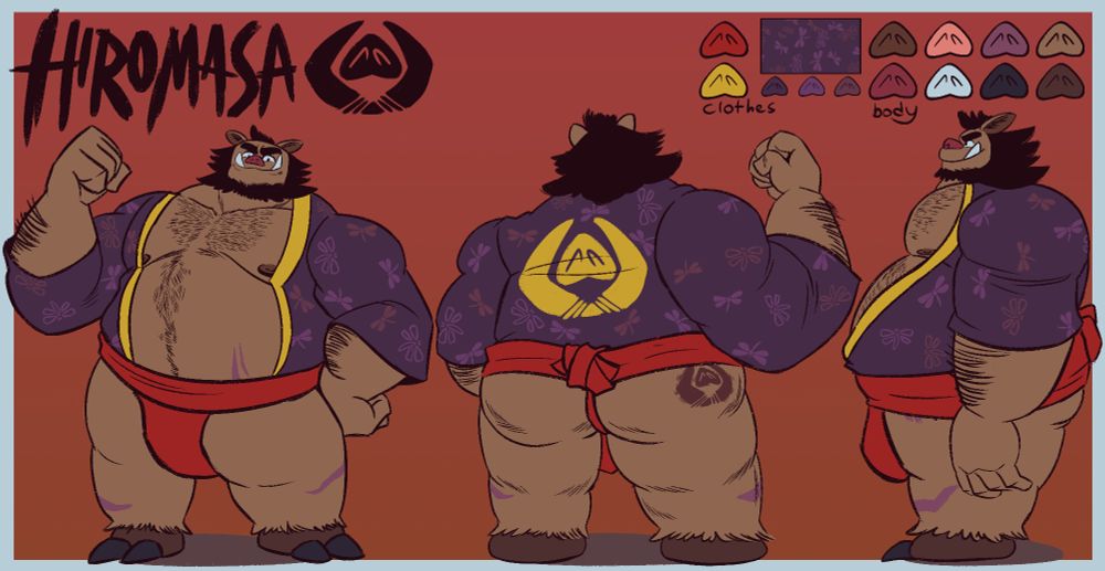 A boar sumo wrestler's reference sheet. He has a red mawashi and a purple coat decorated with his clan's symbol.