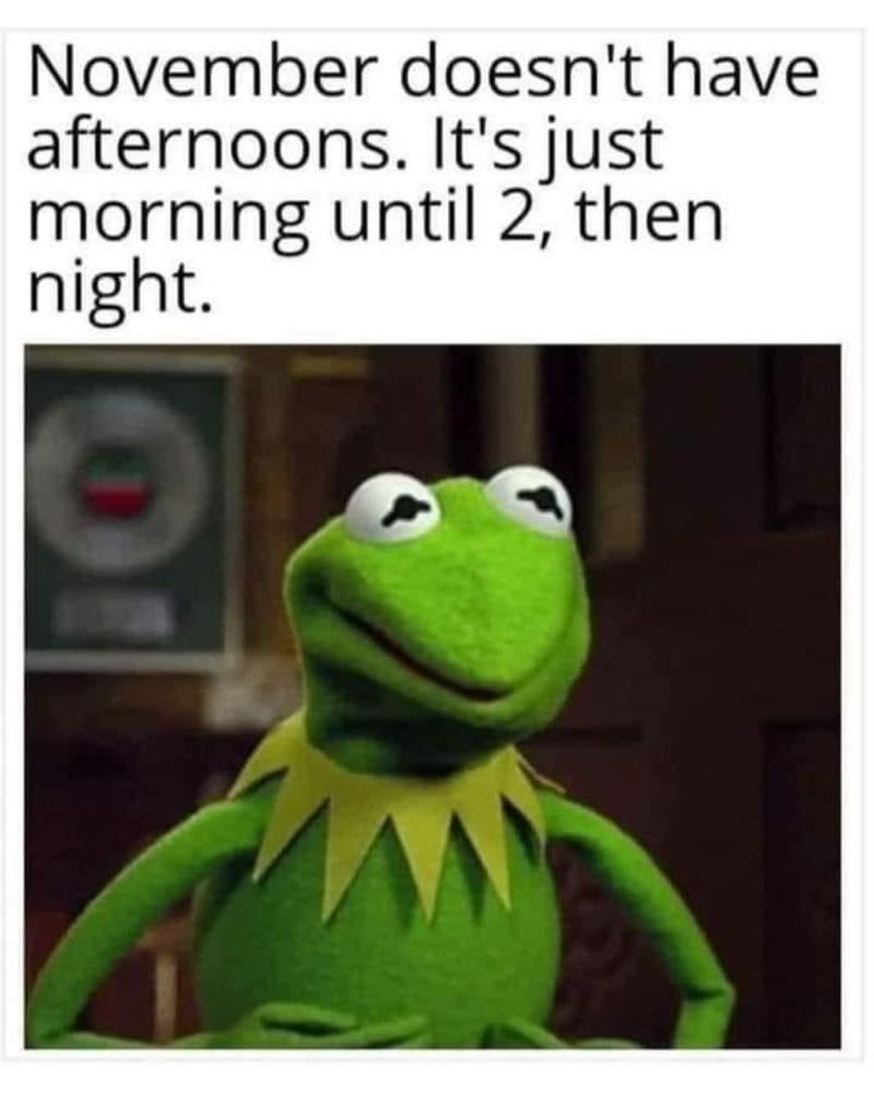 Überschrift über einem Bild von Kermit dem Frosch: "November doesn't have afternoons. It's just morning until 2, then night."
