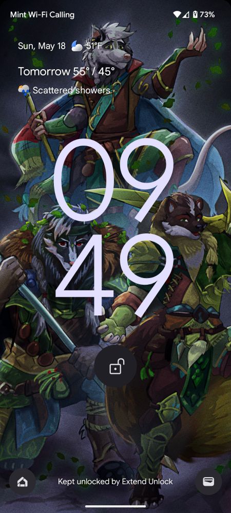 Lock screen with the awesome commission I got from Lerion.

Three adventures pose as a group, surrounded by darkness and barely visible undead monstrosities. 

In the back, Agnolo the opossum is lifted aloft by a sweet gale of magic as he holds his flute. His long, multi-colored scarf flutters behind him.

In the middle, the huge badger druid Tješimir crouches. Her leaf-decorated voulge at the ready, complementing the leaves worked into  hair and along her shoulders.

In the front, Zayne the ranger holds his sword over his shoulder, confident that his crew, the Forest Explorers, can handle this threat easily.

He always thinks that at the start of an adventure.