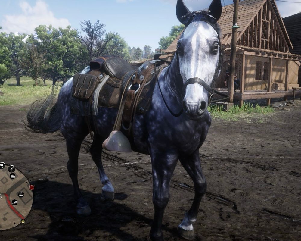A screenshot of the video game Red Dead Redemption 2 showing a saddled dark grey dappled Hungarian Halfbred horse.